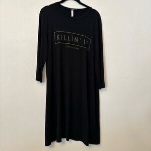 Final Touch Killin' It Print Rayon Modal 3/4 Sleeve Black Shift Dress Size Large